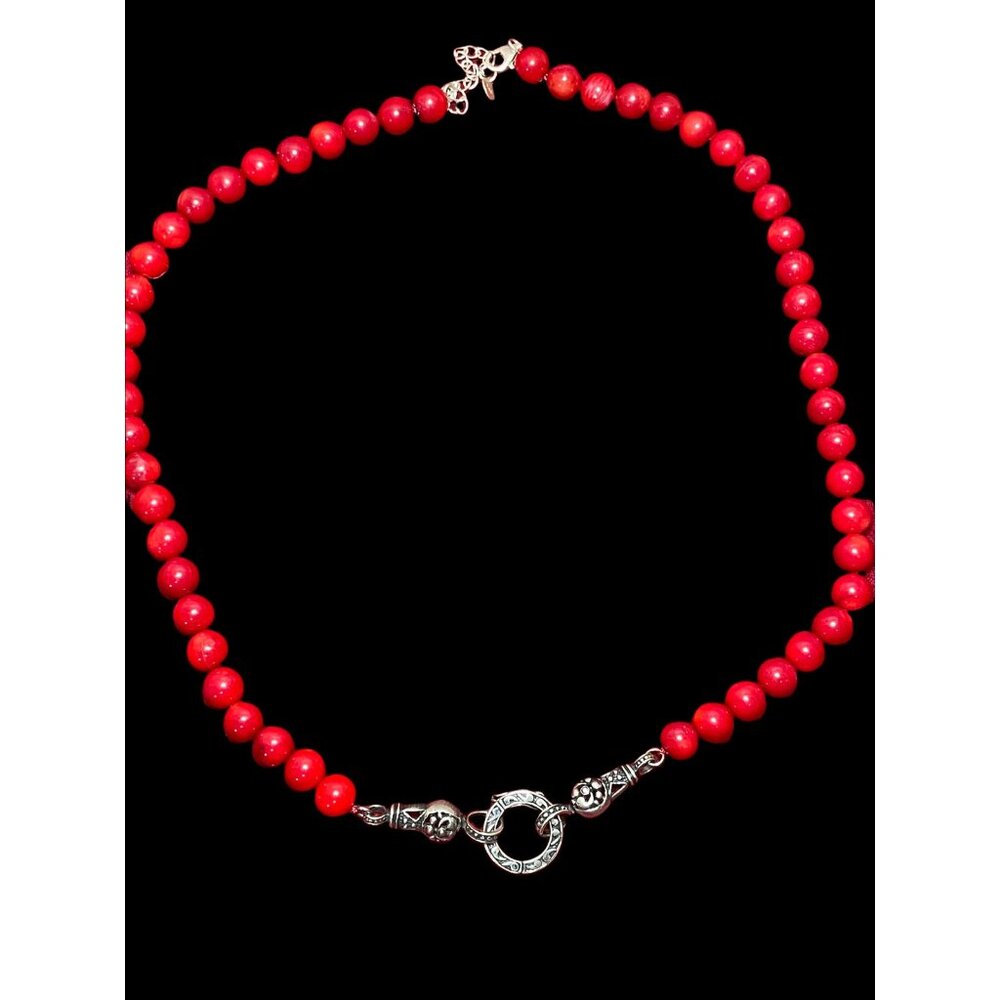 1960s 925 BC Sterling Silver Red Coral Beaded Necklace-Vintage